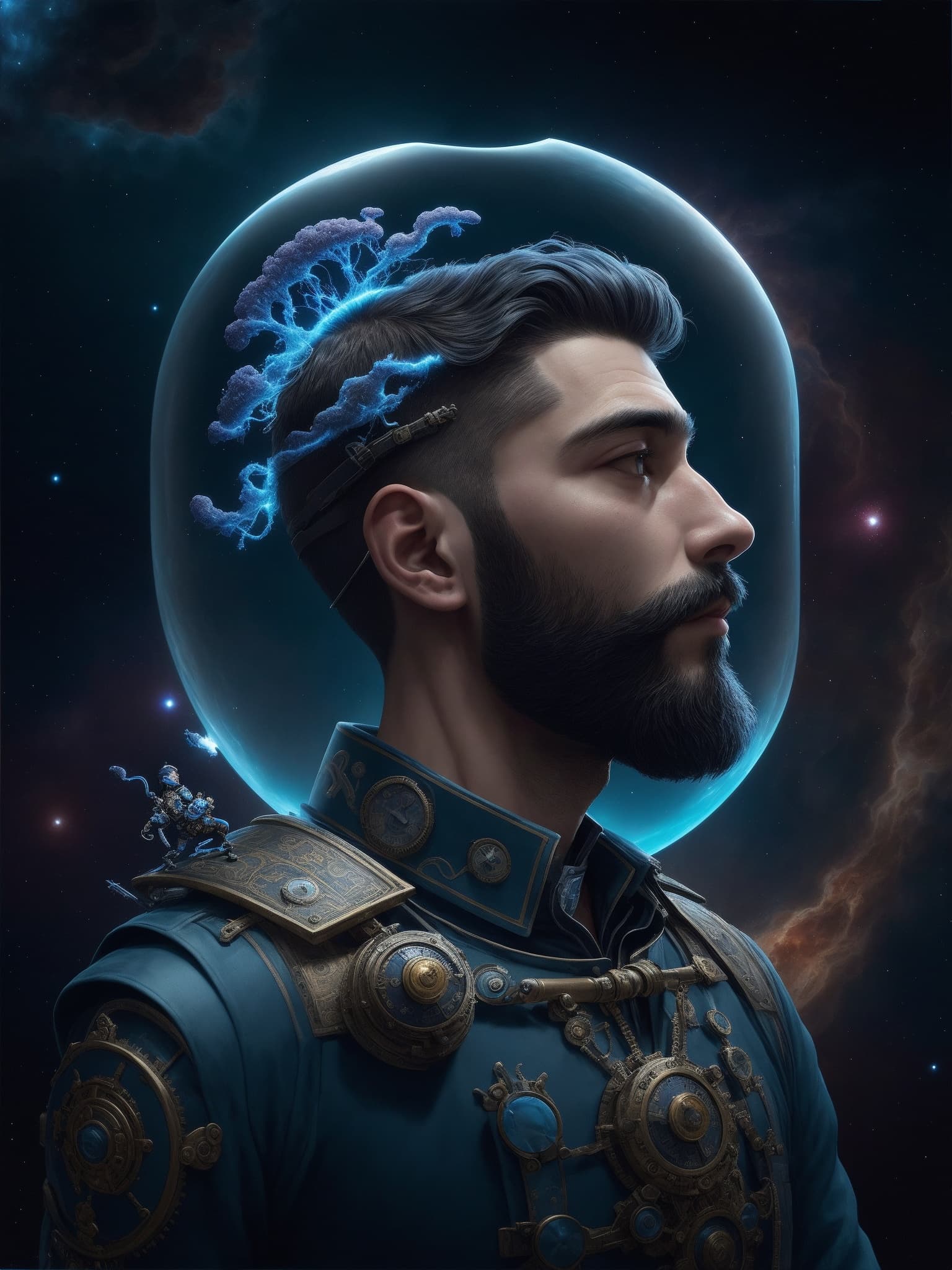 AI generated: Portrait of latin, small bearded and fade haircut, man | steampunk | astronaut floating through the ...