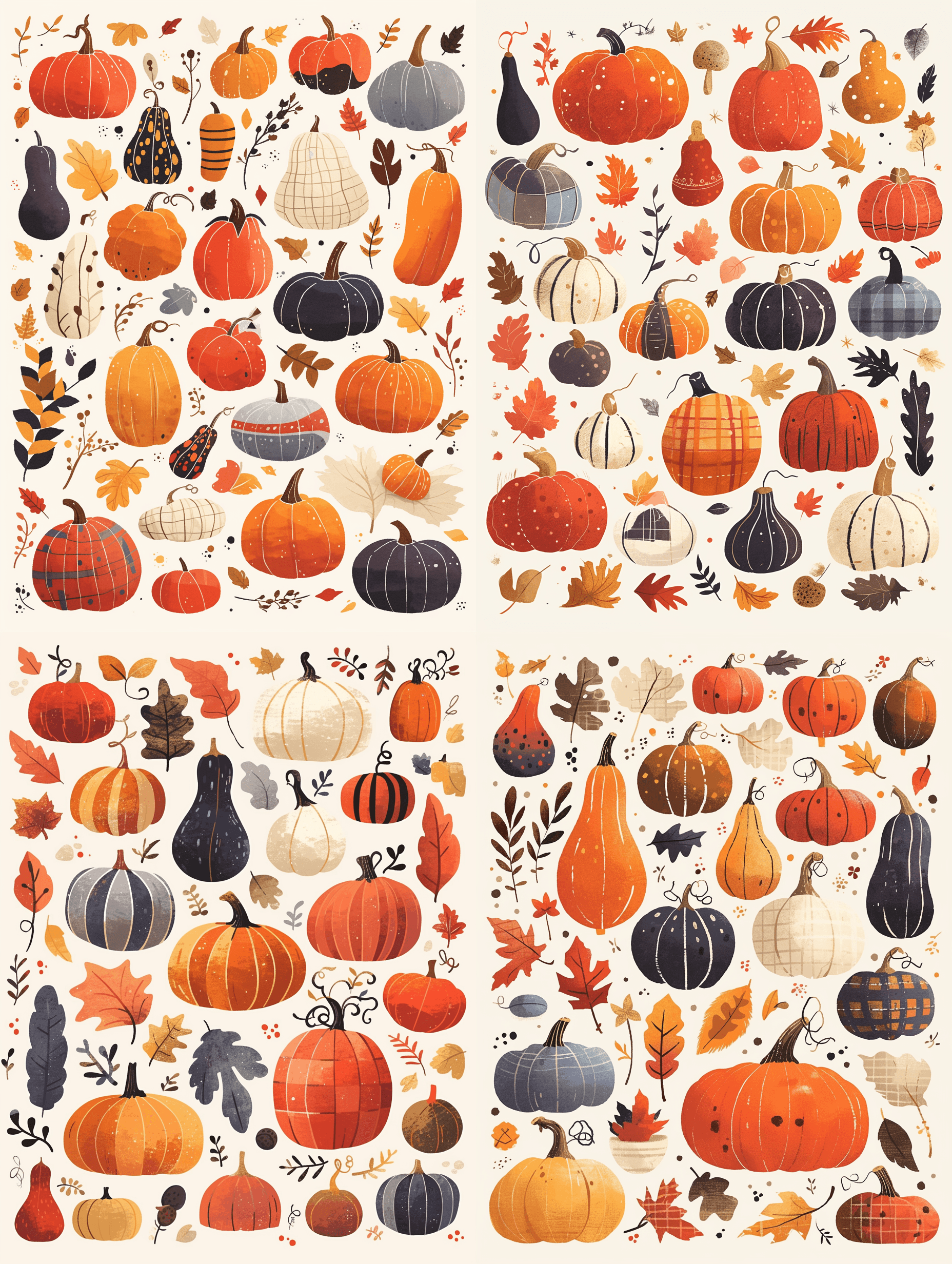 AI generated: Cute pumpkins illust rations, arranged on patchwork squares, playful, whimsical, full of childlike f...