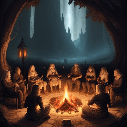 AI generated: people sitting around fire and speak about old legend middle age fantasy dungeon synth