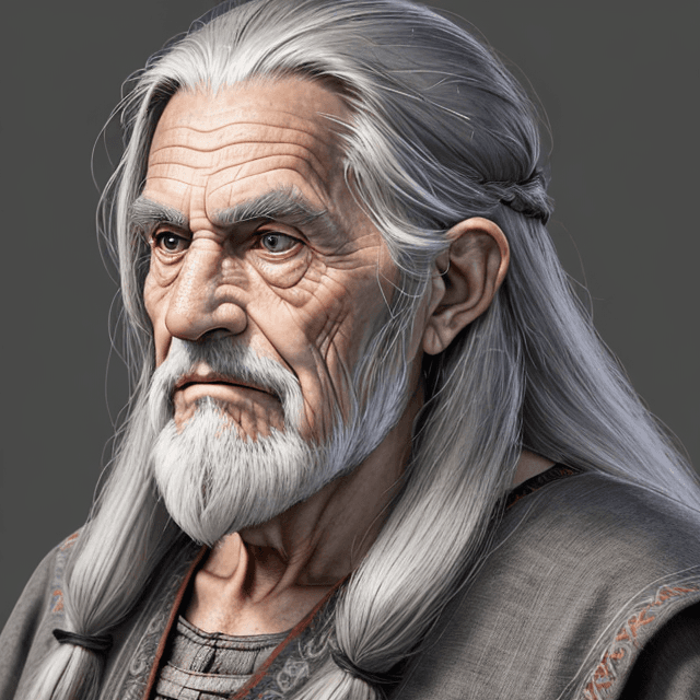 AI generated: frontal view portrait  of a face of nice and wise old prehistoric man with long gray hair, frontal v...