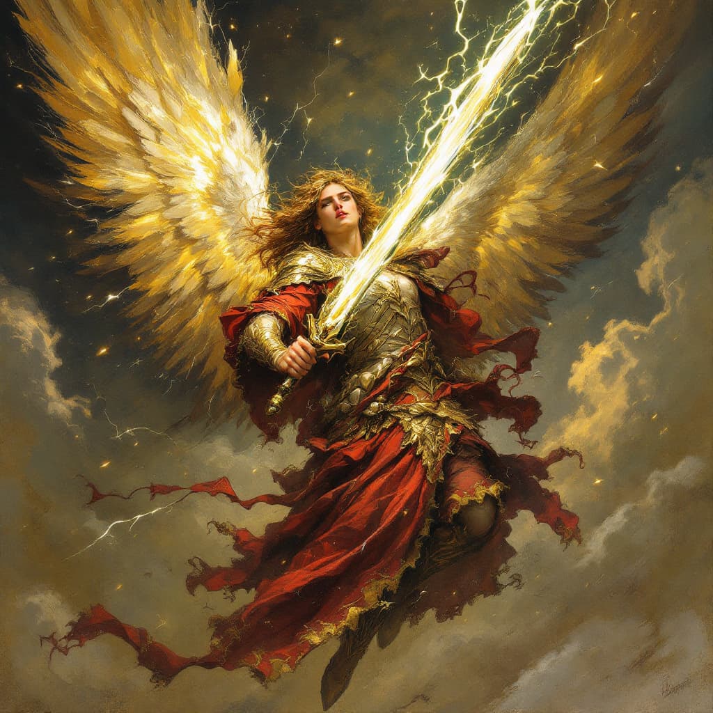 AI generated: An Angel, with a lightening sword