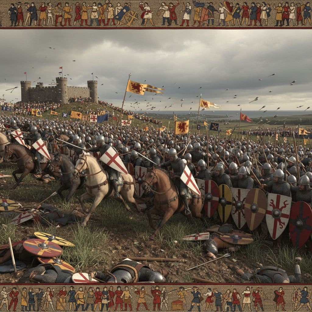 AI generated: Ultra-realistic 3D battlefield of the Battle of Hastings, knights clashing with shields and swords.