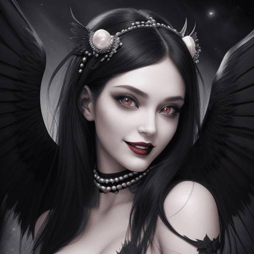 AI generated: beautiful girl, black wings, an evil grin on her face there is an atmosphere of horror and fear arou...