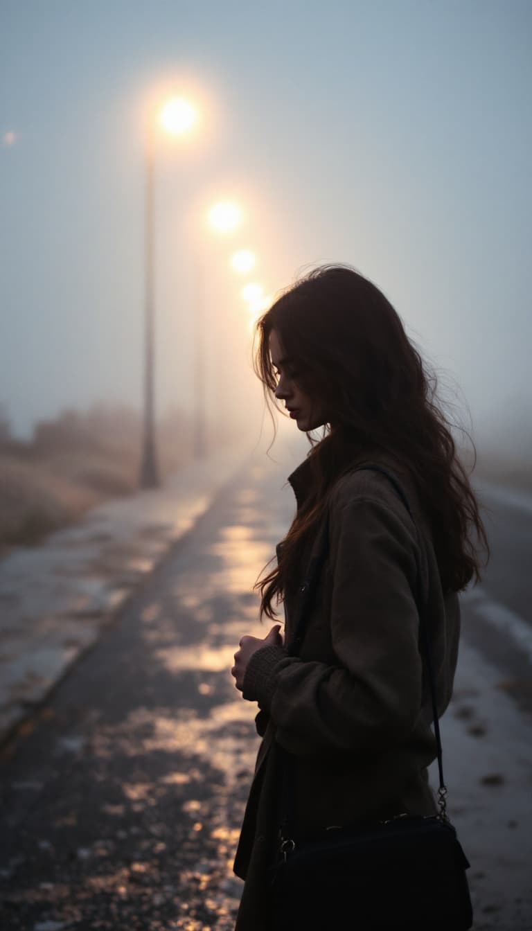 AI generated: girl standing on a foggy pavement while holding her purse, in the style of yigal ozeri, video, beach...
