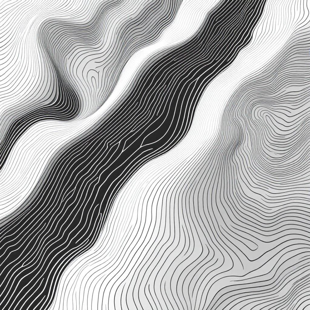 AI generated: Minimalist abstract topographic line art on a white. Smooth, flowing contour lines in black, gently ...