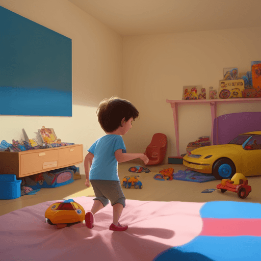 AI generated: A Pixar-style animated portrait of a young kids playing in bedroom with parents and toys 