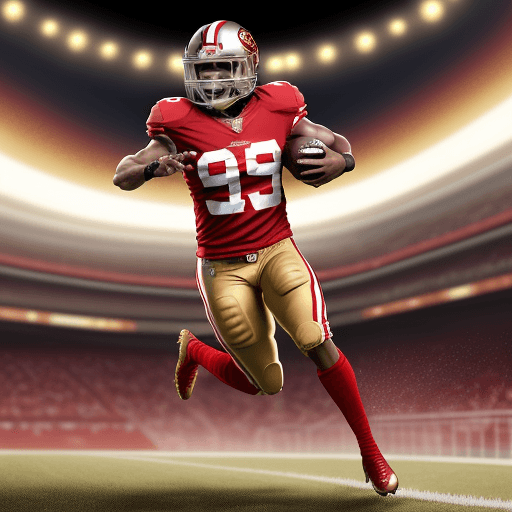 AI generated: In this fantastic scene a full body 49ers African American Footballer Toddler is wearing red and gol...