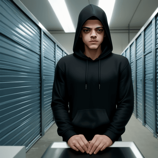 AI generated: image about storage center with Rami Malek wearing a black hooded pullover behind a counter