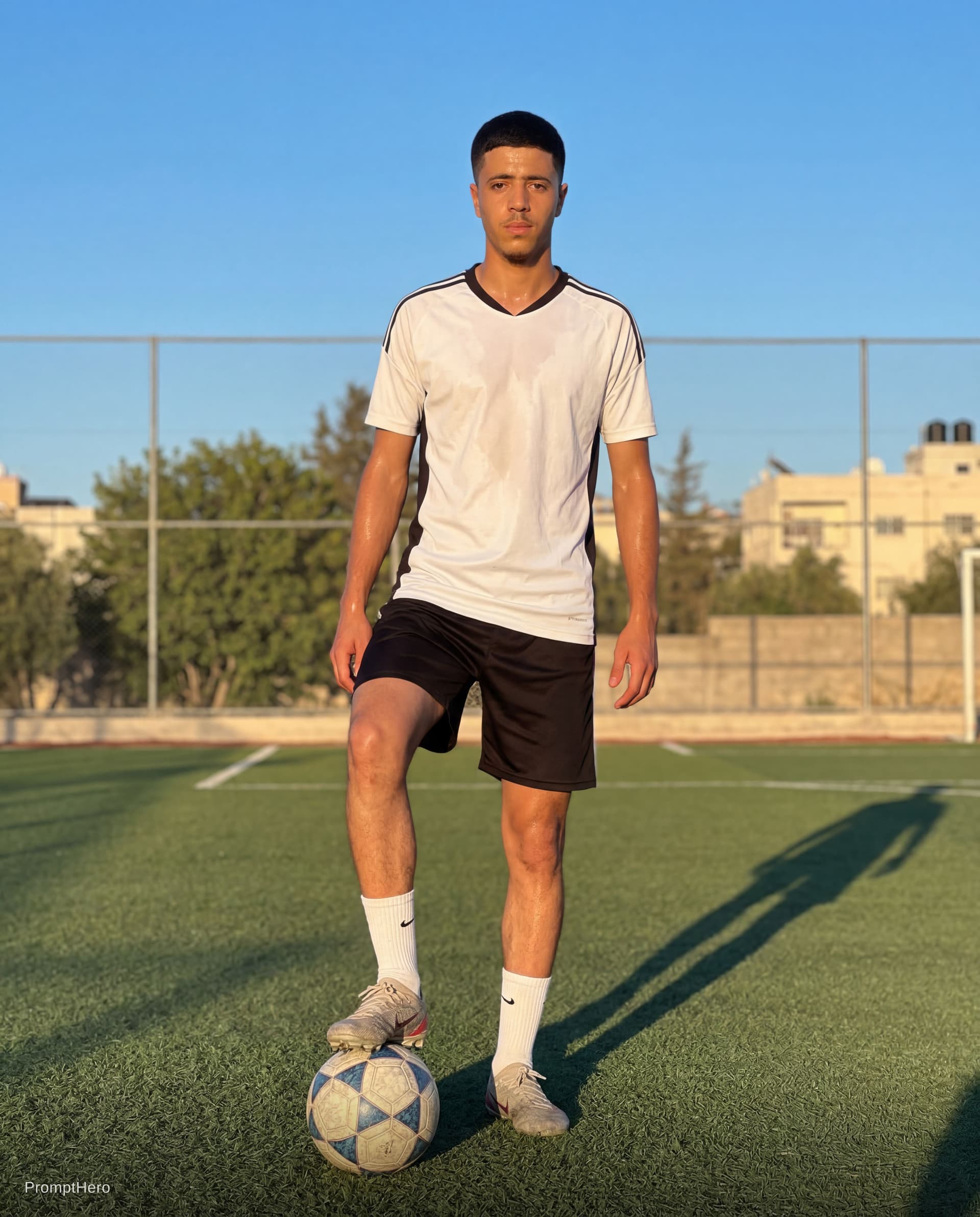 AI generated:  Ultra-realistic smartphone photo, vertical portrait 9:16, full-body shot of a young male football p...