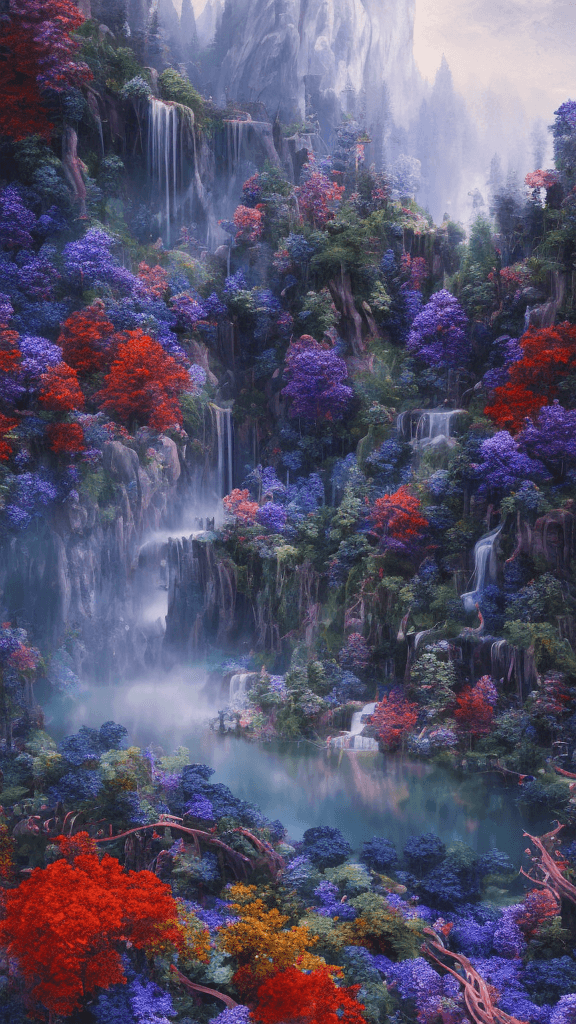AI generated: summer landscape, Dark Blue Purple and Red color, Bokeh, the waterfall, fog over the lake, insanely ...