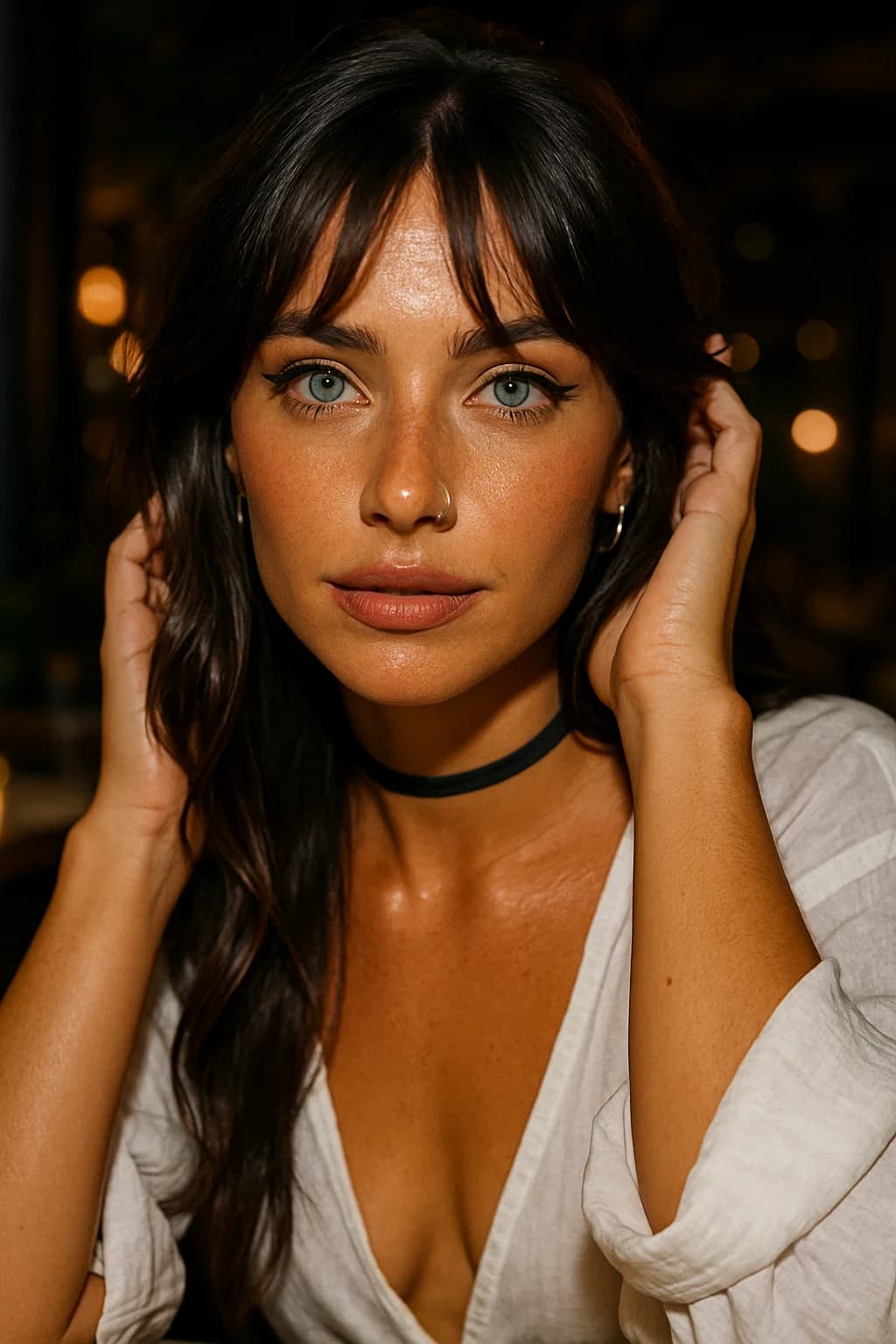 AI generated: Her eyes are bright, cool blue with a hint of grey, slightly almond-shaped with naturally curled las...