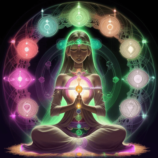 AI generated: Human being -woman  cleansing aura and chakras with sage.  Show a nice aura and in very mystic place...