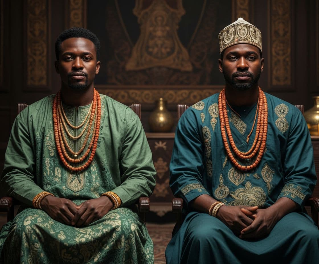AI generated: Create an ultra-realistic front-facing portrait of two regal African men sitting side-by-side, facin...