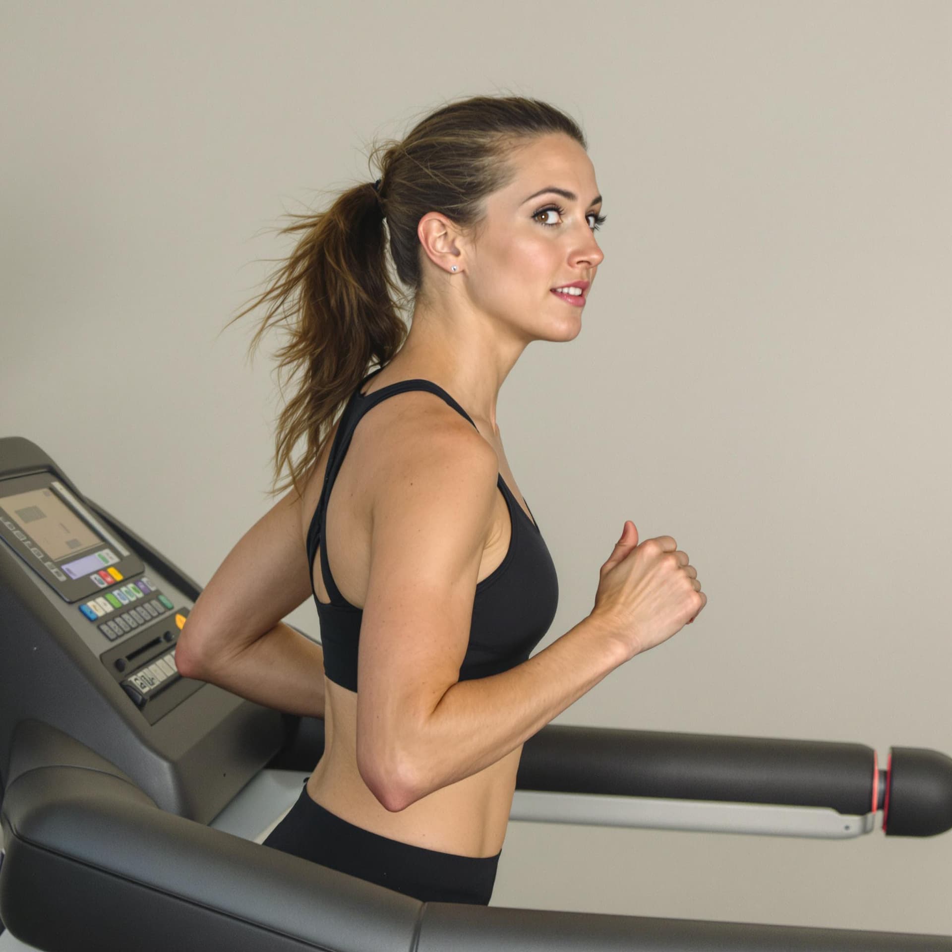 AI generated: A woman is running on a treadmill. She is wearing a black sports bra and her hair is pulled back in ...