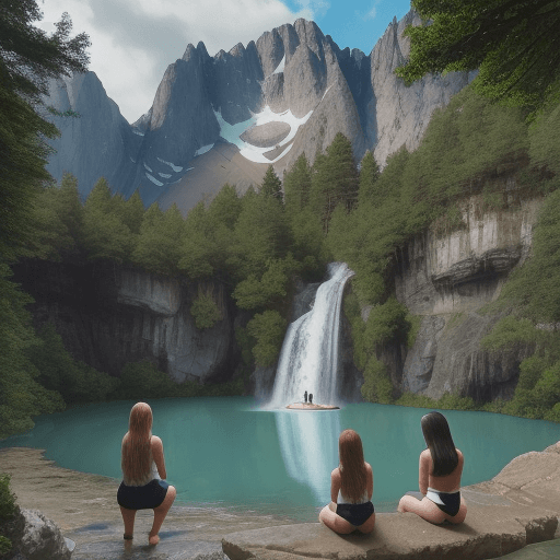AI generated: Una montaña con una cascada muy grande que termine un lago. Sobre una roca en medio del lago, dos ch...