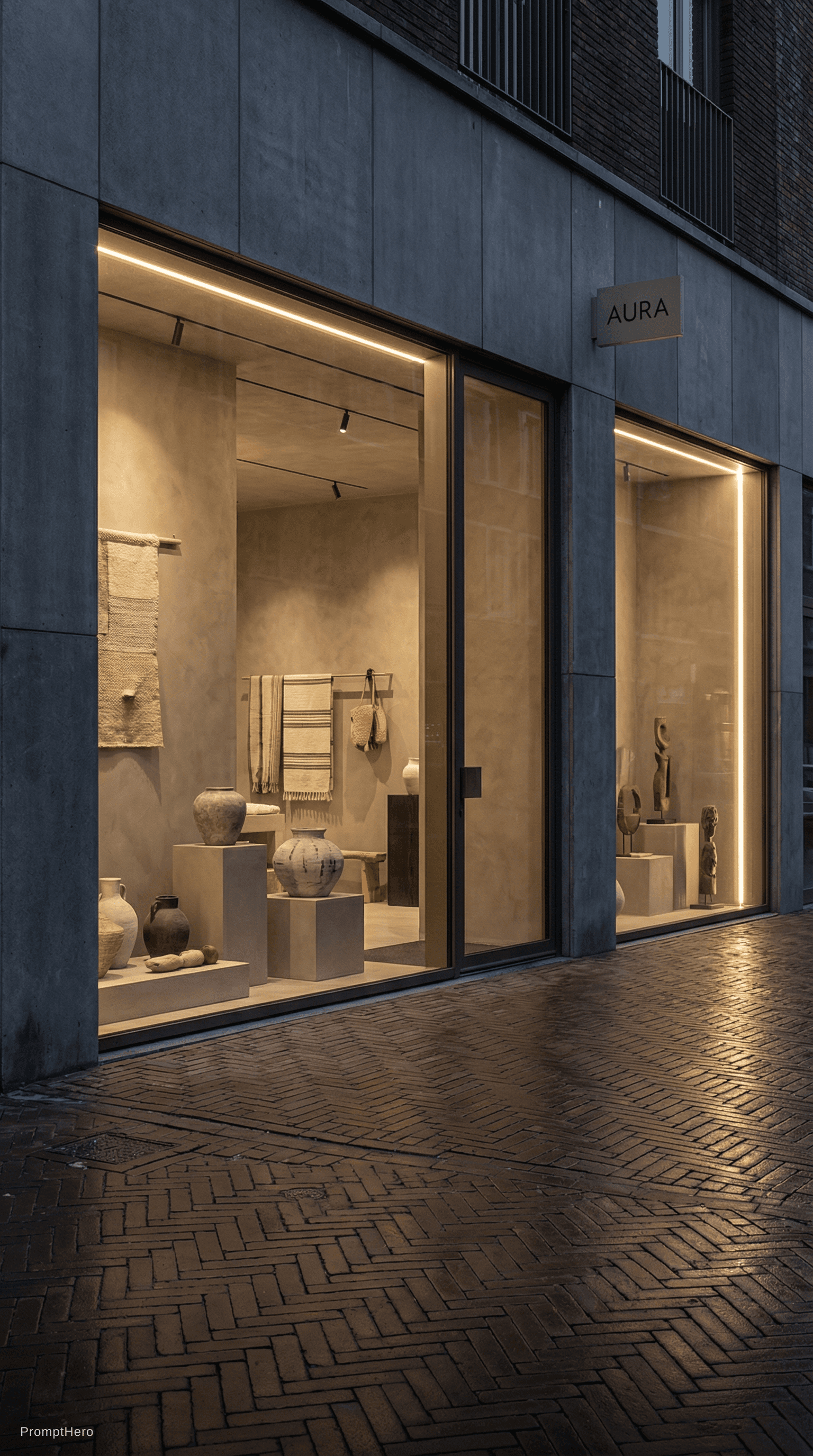 AI generated: minimalist store exterior, at dusk, the architecture should feature clean lines with a sophisticated...