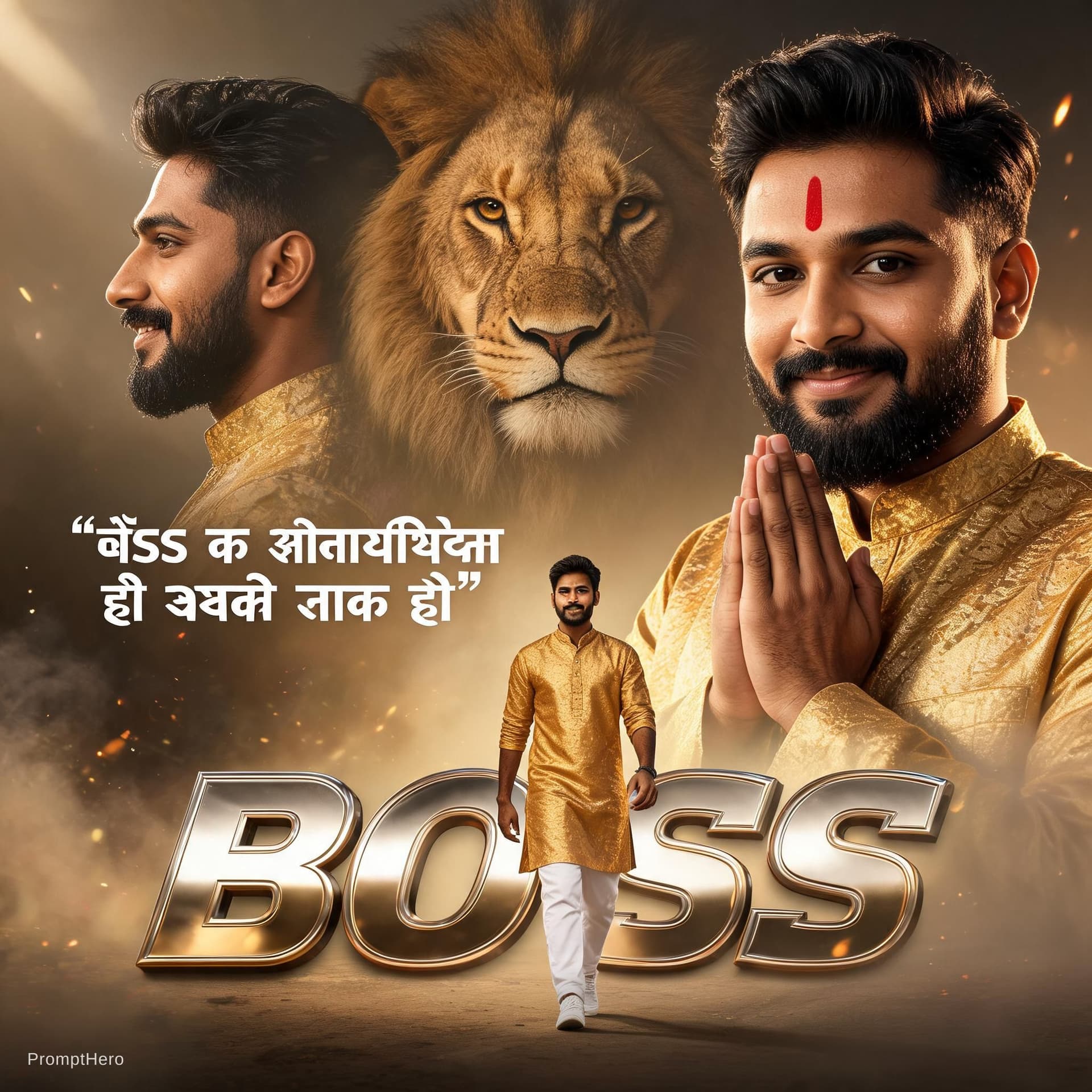 AI generated: A high-quality cinematic poster design of a powerful young Indian man with a thick beard and confide...
