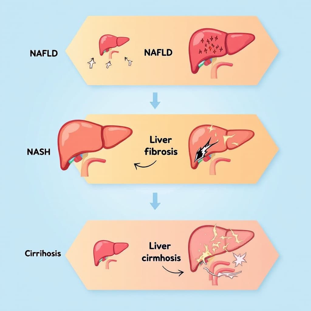 AI generated: An educational medical infographic showing the progression from non-alcoholic fatty liver disease (N...