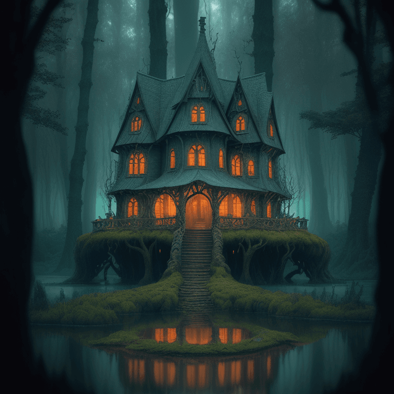 AI generated: 200 mm lens, centered, cinematic shot, award winning CGI,

a witch house made of mythical (tree Yggd...
