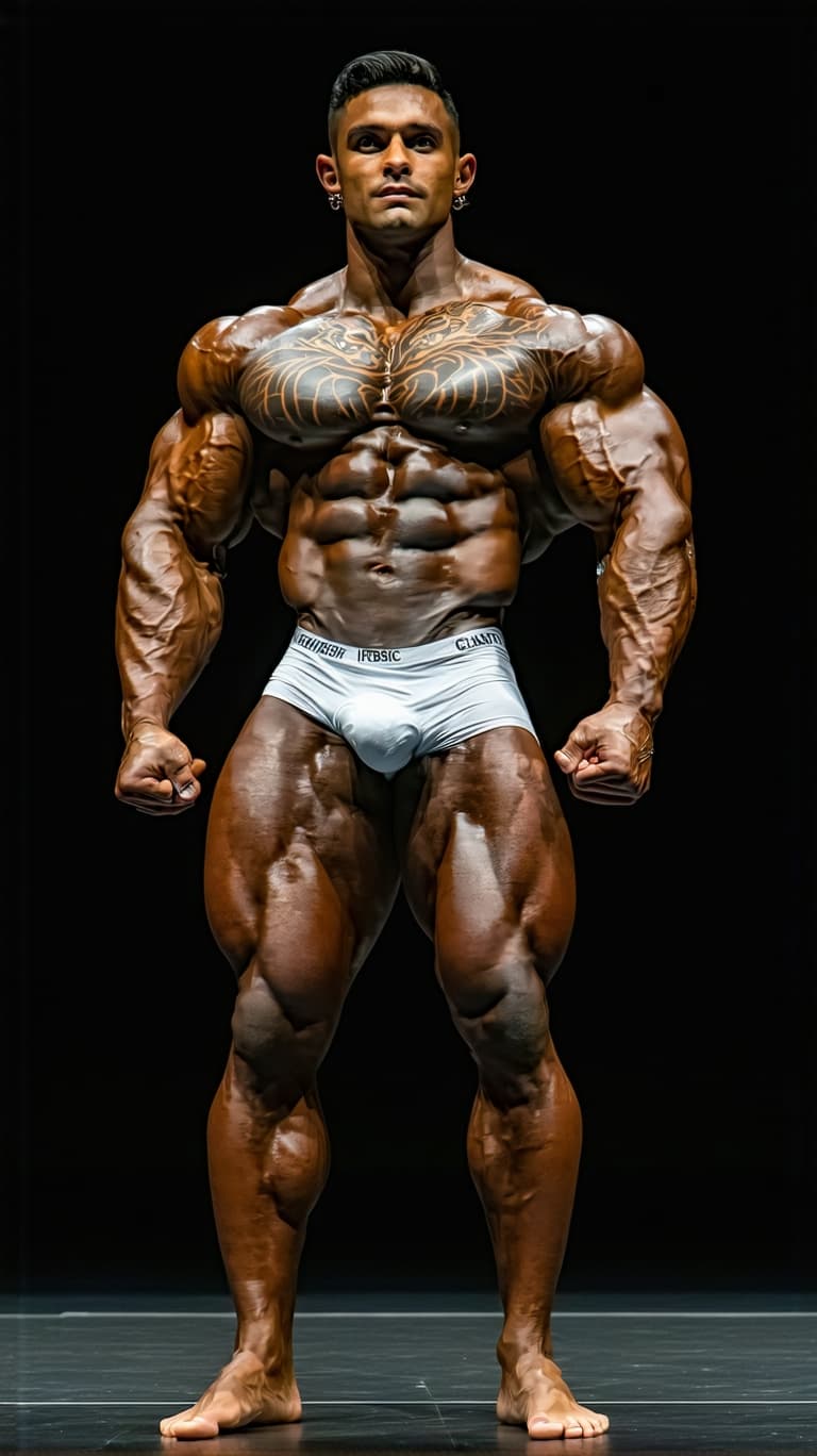 AI generated: A massive, ultra-muscular, handsome Brazilian IFBB pro bodybuilder in the heavyweight Classic Bodybu...