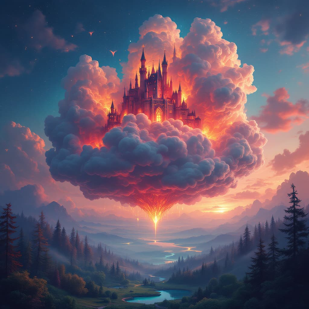 AI generated: A fantastical fairytale scene reimagined in vivid, jewel-toned hues, featuring a colossal, enchanted...