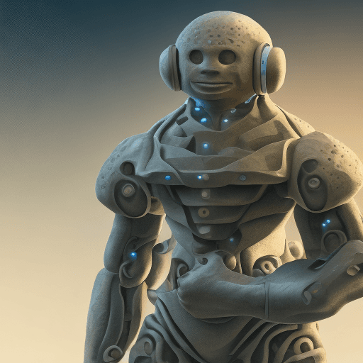 AI generated: futuristic golem sitting in front of computer with headphones and microphone