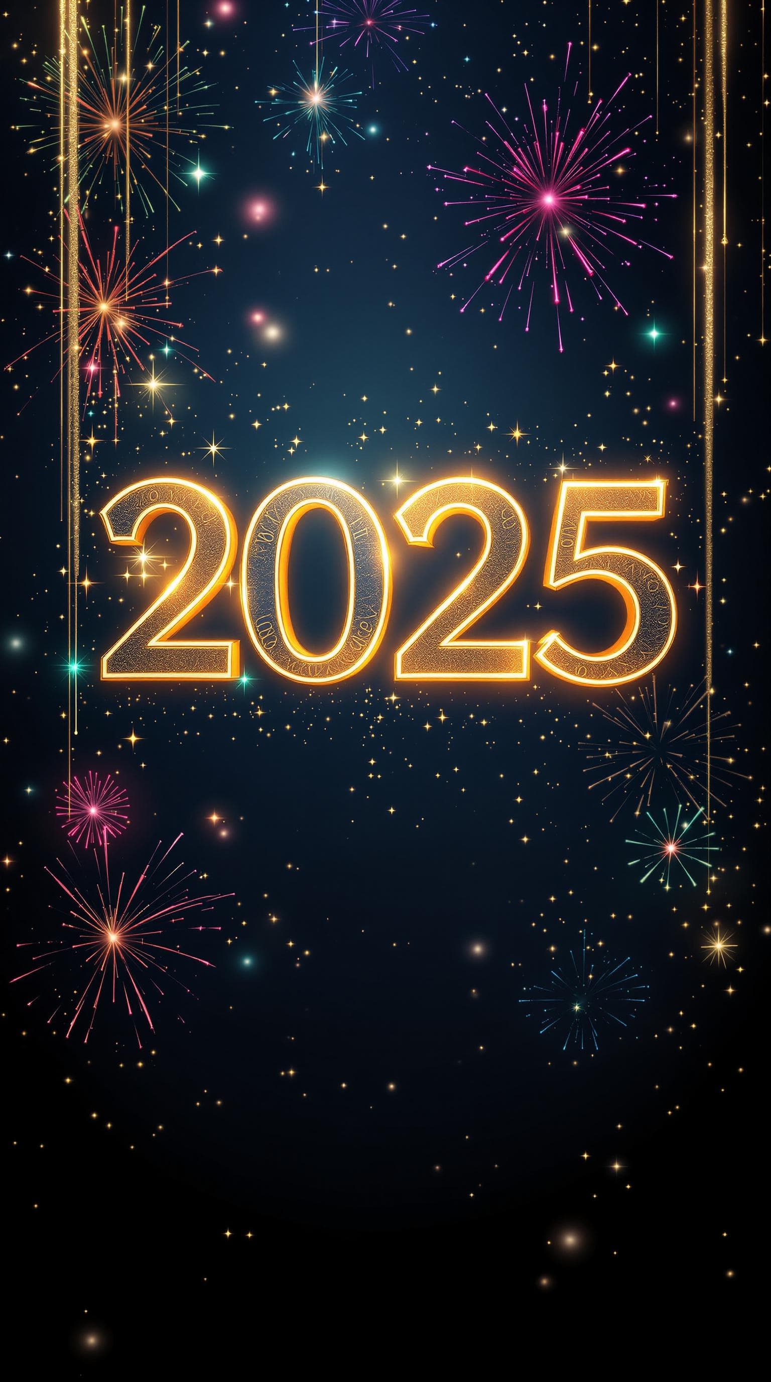 AI generated: A dazzling New Year 2025 wallpaper featuring a luminous '2025' in glowing 3D gold with intricate eng...