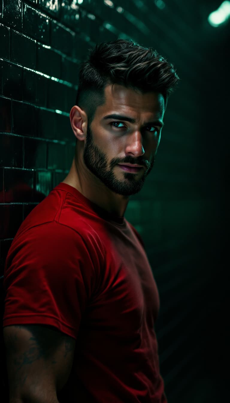 AI generated: Full body, photograph of a handsome, caucasian man standing against a dark tiled wall, bathed in dra...