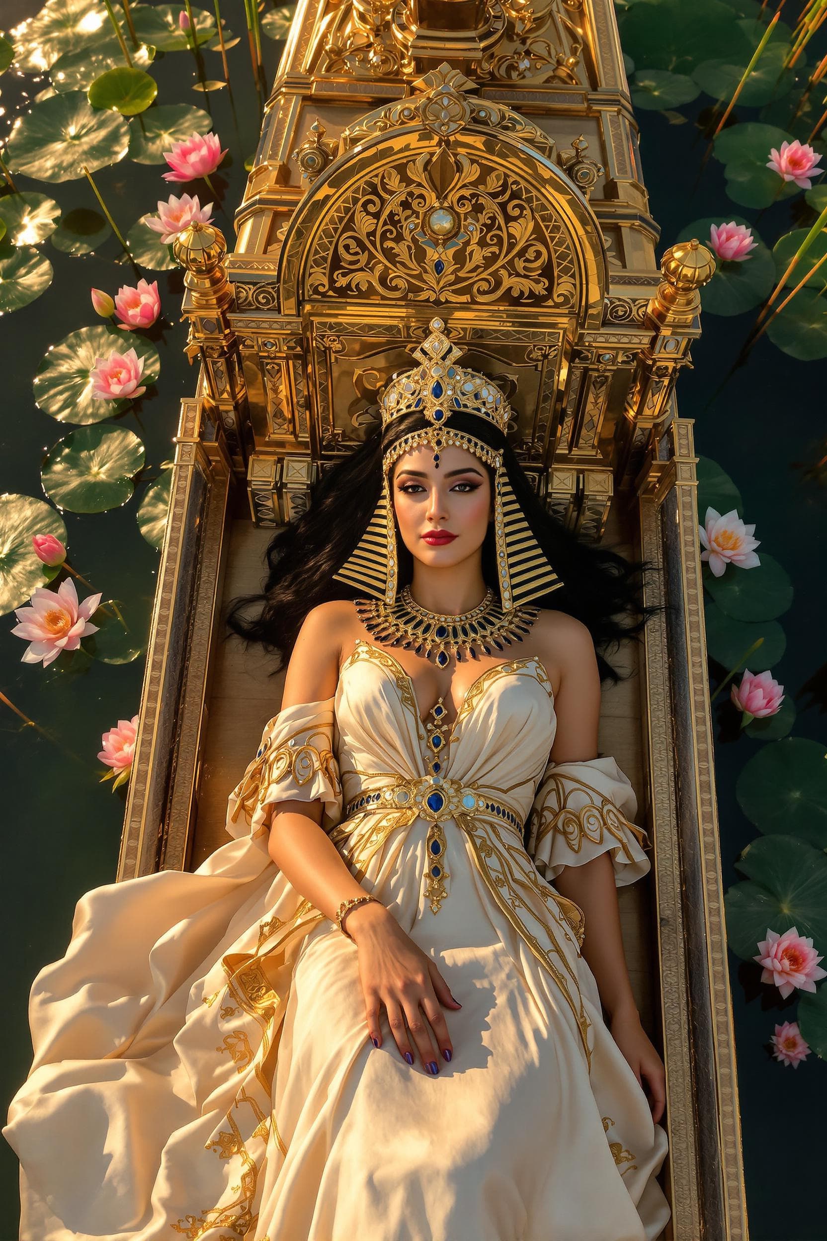 AI generated: (Top down shot of Cleopatra, Egyptian queen, reclining gracefully on a giant lavish, golden barge ad...