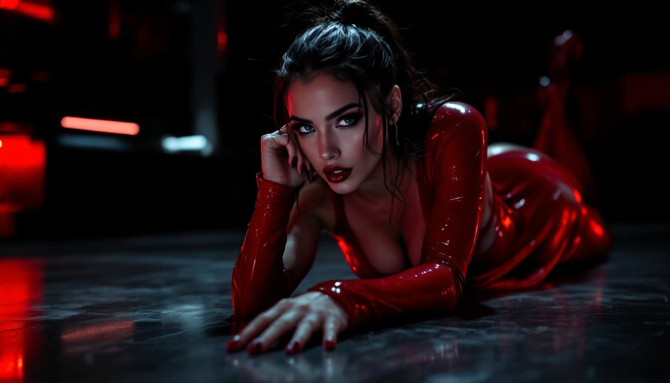 AI generated: Sexy female wearing a red bdsm costume, she is looking at the camera laying on the ground her ass up...