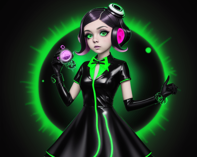 AI generated: octoling girl, Splatoon, magician's assistant, hypnosis, formal female dress, latex, dark black and ...