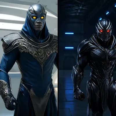 AI generated video: 
Split-screen cinematic composition, two alien commanders facing forward, symmetrical layout. Saying...