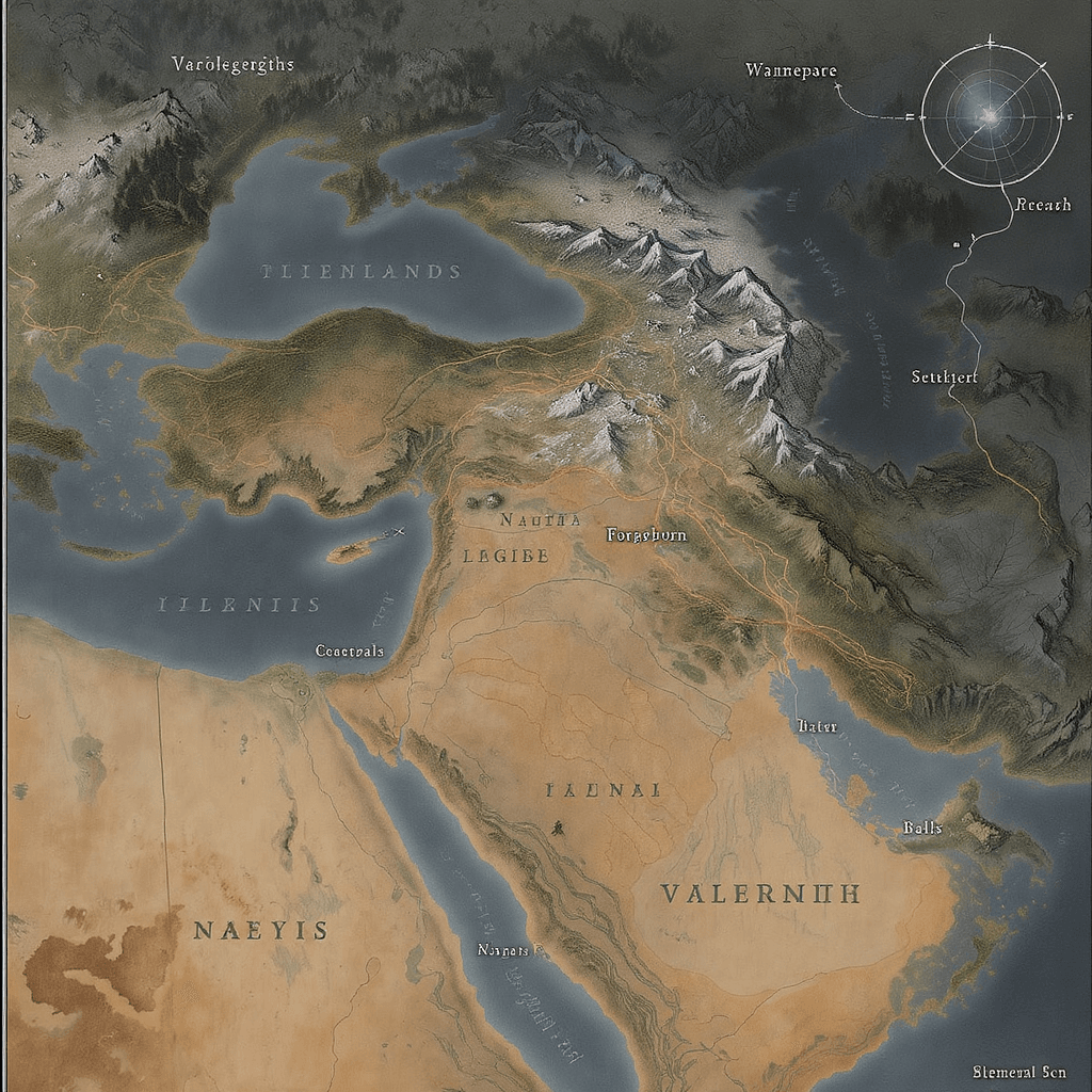 AI generated: FANTASY MAP :Continental Layout of Veylis
Central Region – Arcane Bastion (Vaedrith)
Position: Loc...