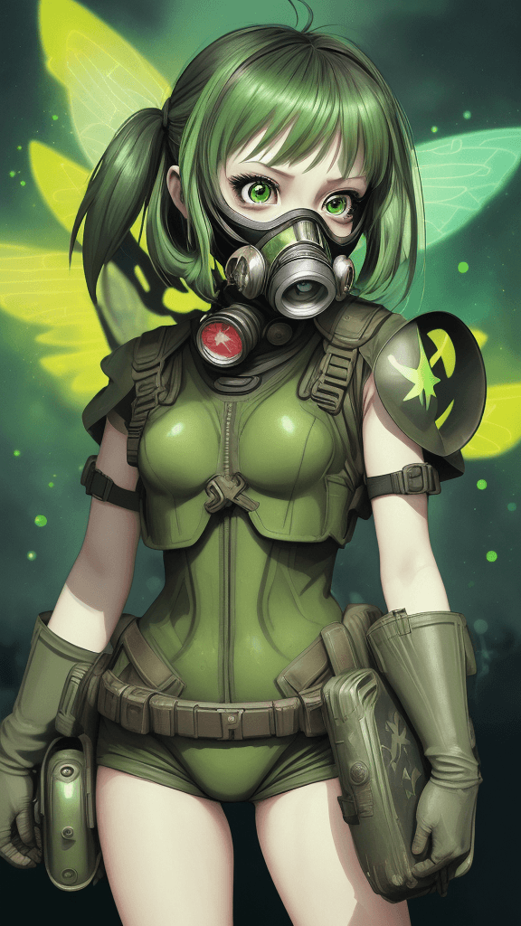AI generated: complex background portrait of little 
tinkerbell woman. Wearing a gas mask. Prominent eyes, complex...