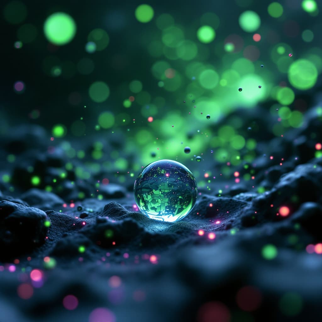 AI generated: futuristic, cyberpunk aesthetic, particles, big data, no human, purple green accents, soft diffused ...