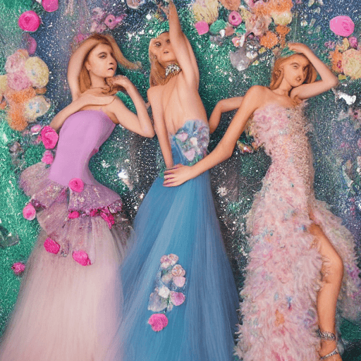 AI generated: Hyper realistic fashion model , 3 blond models , wearing a couture see threw sparkly dresses , paste...