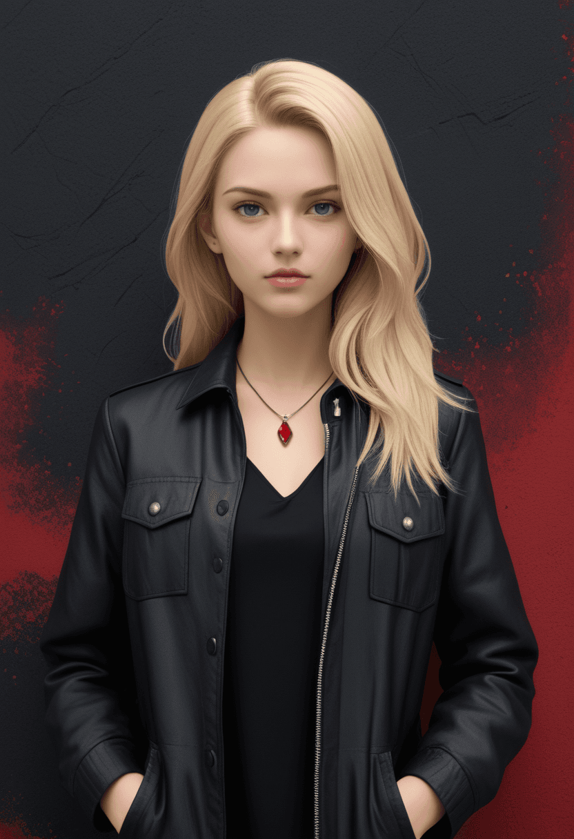 AI generated: Abstract style Stylized portrait of a woman with long blonde hair,black lace bralette,black jacket,h...