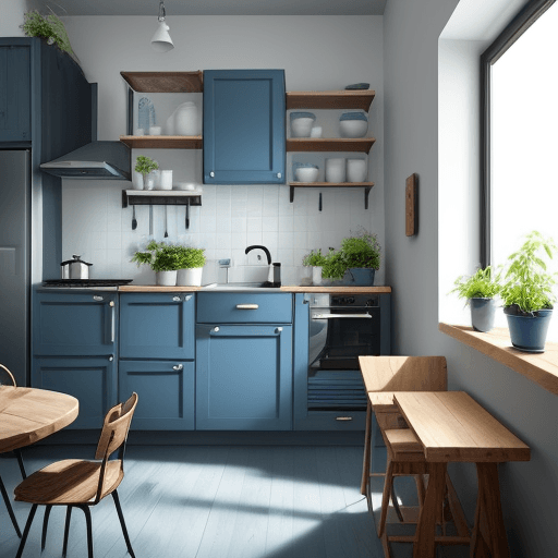 AI generated: a small kitchen with a BLUE kitchen set, light floor,gray wooden walls, with a round table in the mi...