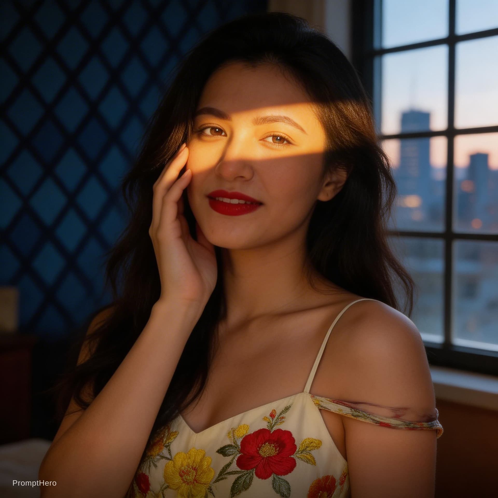 AI generated:  A cinematic photorealistic boudoir portrait of a beautiful Asian woman kneeling on a bed. She is we...