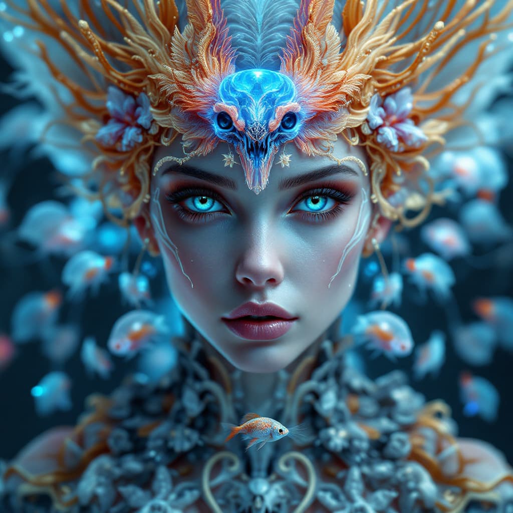 AI generated: Goddess close-up portrait ribcagel. jellyfish phoenix head, nautilus, orchid, skull, betta fish, bio...