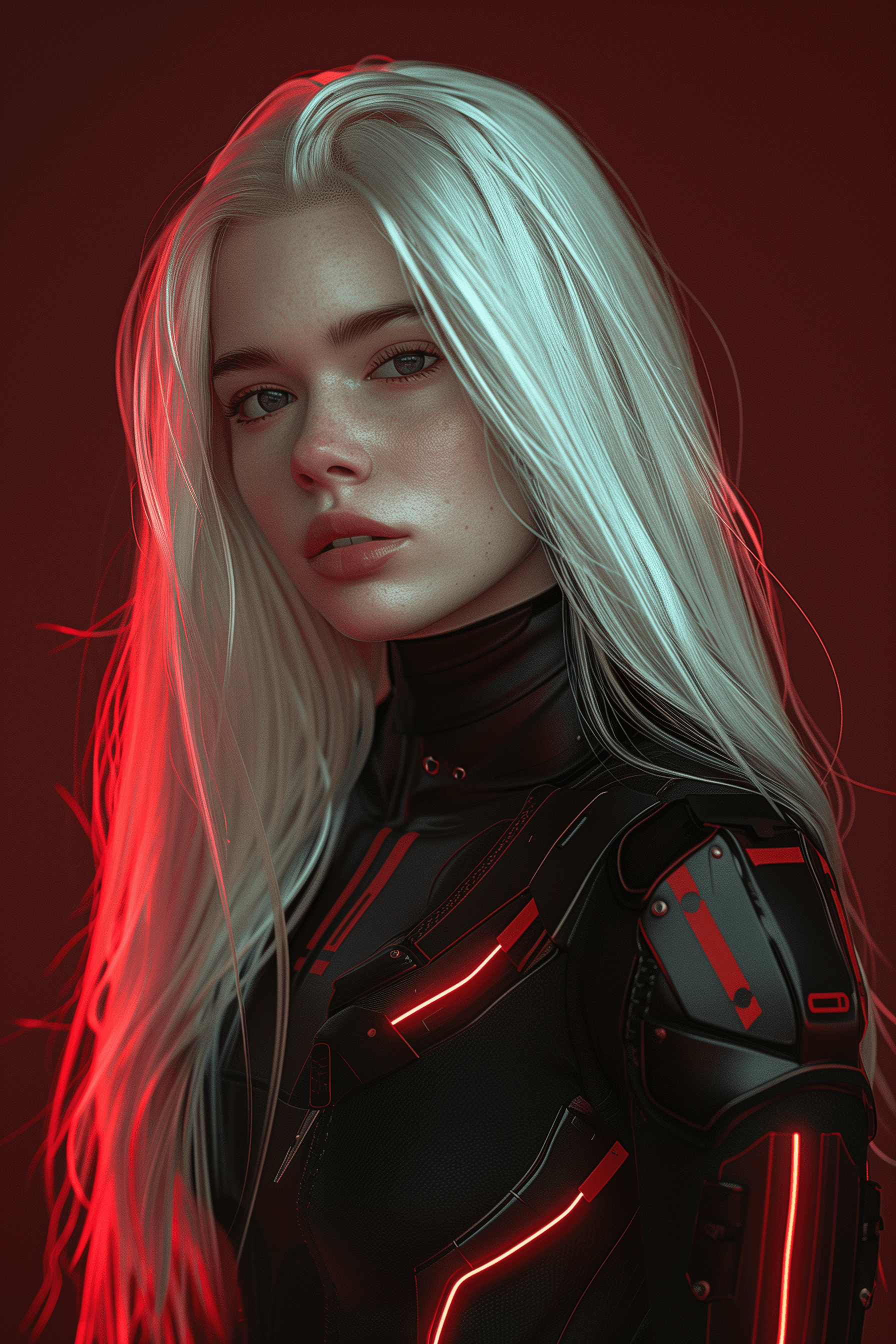 AI generated: Rhaenyra Targarien with long white hair wearing sci-fi armor against a dark red background. Red and ...