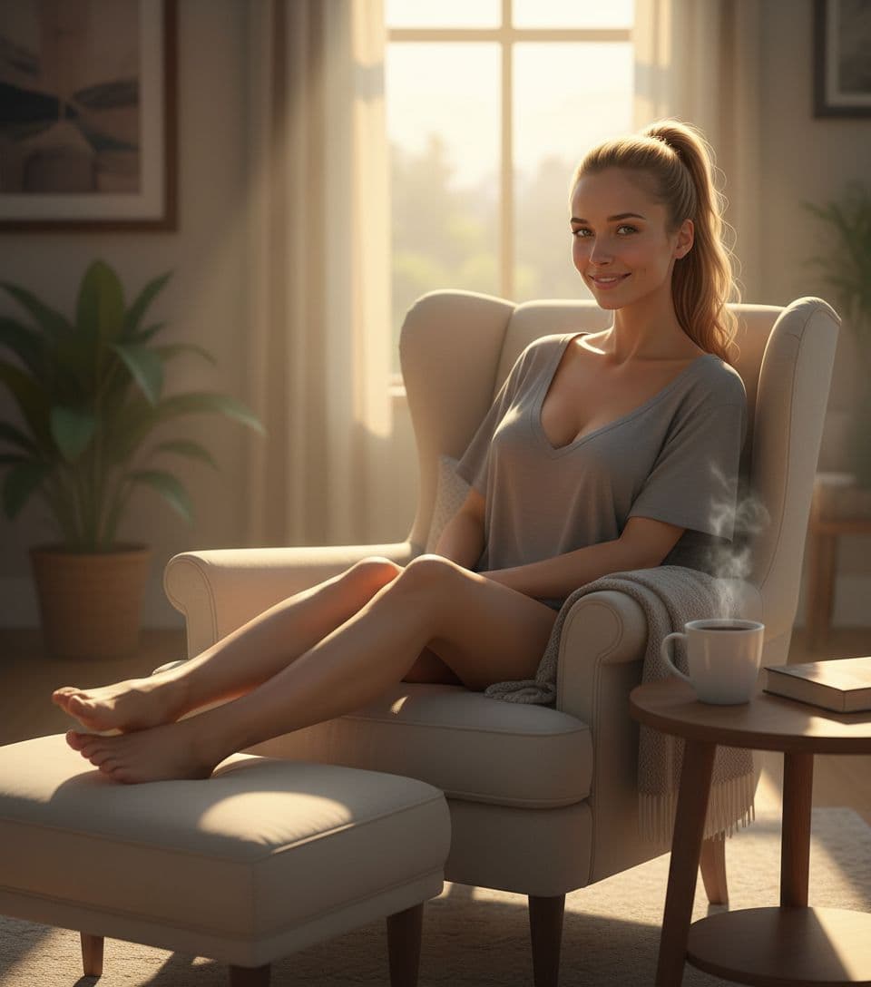 AI generated: A photograph captures a moment of cozy comfort. A woman lounges in a chair, her long dark-blond pony...