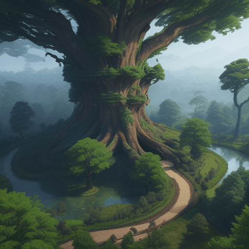 AI generated: Bird's-eye view Incredible, fabulous and beautiful massive scale tree Teldrassil, located in magic f...