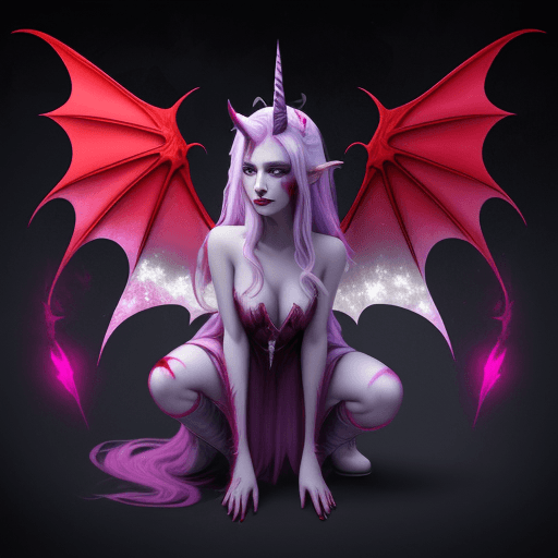 AI generated: Vampire unicorn set in a futuristic setting with four wings, bright colors, blood red vangs, blood s...