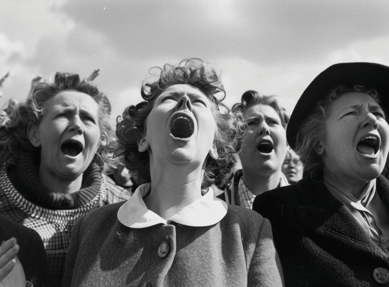 AI generated: A group of women in the crowd at an American brutalism event were openly shouting, in the style of R...