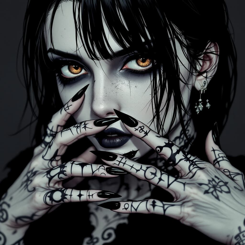 AI generated: gothic anime style, a Girl is cold and arrogant, pale skin, tattoos, white makeup, long sharp black ...