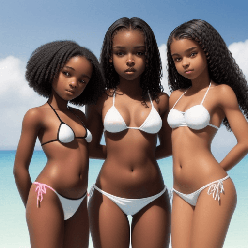 AI generated: two beautiful black girls 12 years old with tiny breasts with 1 pretty white girl in bikini 15 years...