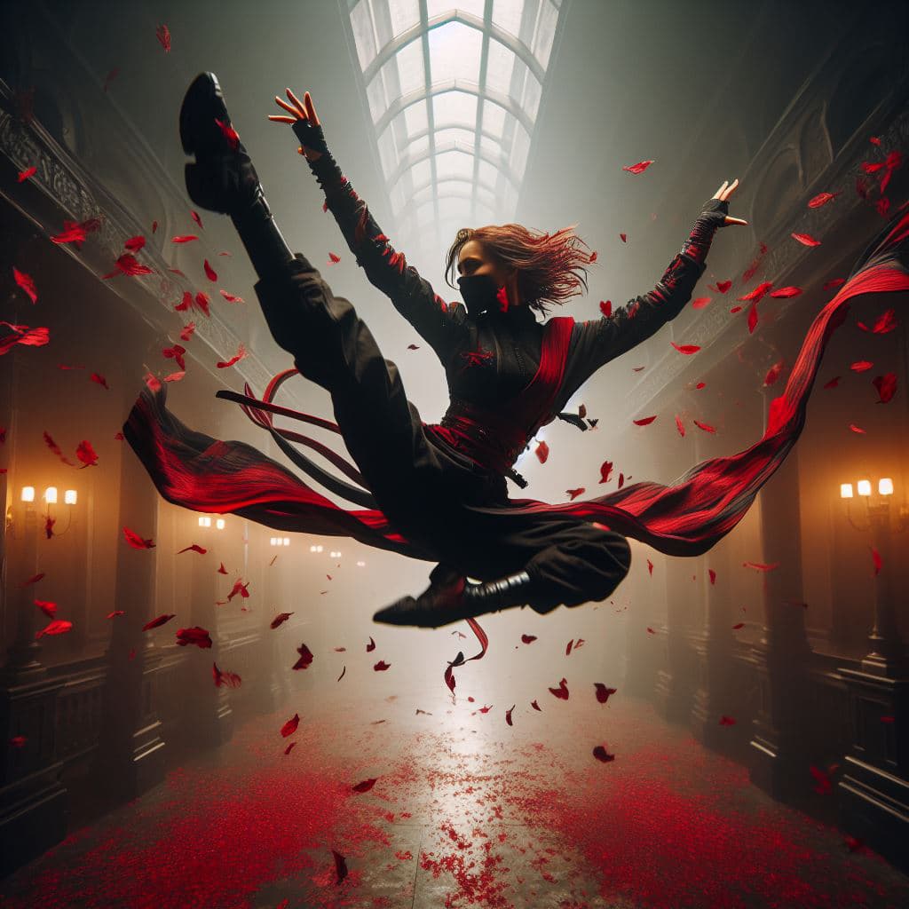 AI generated: Photograph of a woman with long, auburn hair leaping through the air. She is dressed in a black ninj...