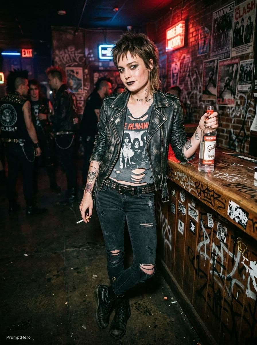 AI generated: Brie Larson as a sexy punk rock chick holding a bottle of vodka.