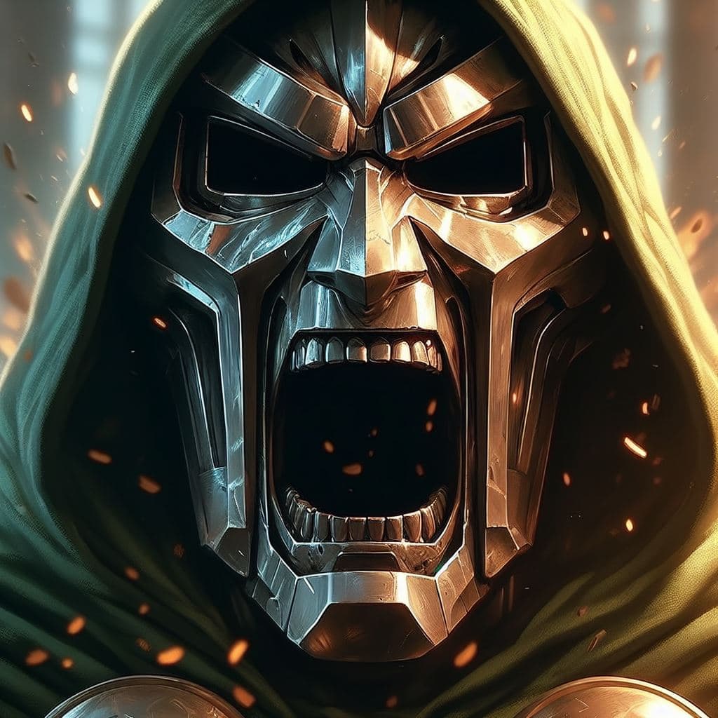 AI generated: close up of Doctor Doom of Marvel screaming, in a fit of rage, Masterpiece, gigantic scale, ascii-ar...